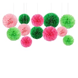 Capesaro Pink and Green 12PCS Paper Pom Poms Party Decorations for Girl Birthday Wicked Party Hawaiian Summer Decoration, Hanging Paper Decor Tissue Paper Flowers
