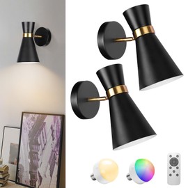 Battery Operated Wall Sconce Set of 2, Modern Decor Black with Gold Rechargeable Wireless Sconce with Remote Control, Dimmable 10 Colors 5200mah Adjustable Battery Wall Light for Bedroom Living Room