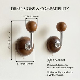 1Pair 5.3 Inch Curtain Holdbacks - Suction Cup Curtain Hooks for Wall, Drill Free Drapery Hooks - Wood Grain Plastic, Stainless Steel