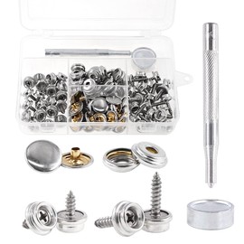 Rustark 120 Pcs Sliver Fastener Screw Snaps Boat Canvas Cover Snap Button Cap Marine Grade 3/8" Socket with Stainless Steel Screw with Snap Setting Tool Kit for Furniture Canvas Fabric Boats