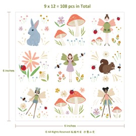 108 pcs Woodland Fairy Animal Temporary Tattoo Stickers for Girls Woodland Party Decorations Garden Fairy Party Removable tattoos Kids Forest birthday party Gift Enchanting Fun Party Favors
