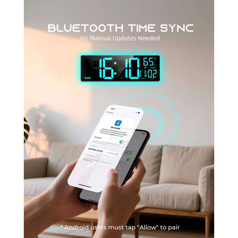 EASYERA 16.5" Large Digital Wall Clock with BT Sync, RGB