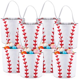 Locmeo 8 Pcs Baseball Easter Baskets for Kids Canvas Easter Eggs Hunt Baseball Baskets Candy Gifts Bucket Tote Bag for Easter Parties