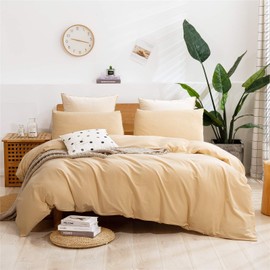 Janlive Washed Cotton Duvet Cover King Ultra Soft 100% Cotton Solid Color Cream Yellow Duvet Cover Set with Zipper Closure -3 Pieces Cream Yellow King