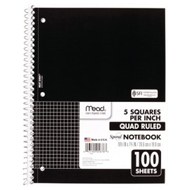 Mead Spiral Notebook, 1 Subject, Quad Ruled, 100 Sheets, Grid Notebook with Engineering Graph Paper, Home Office & Home School Supplies for College Students & K-12, 10-1/2" x 8", Black (05676AA5)