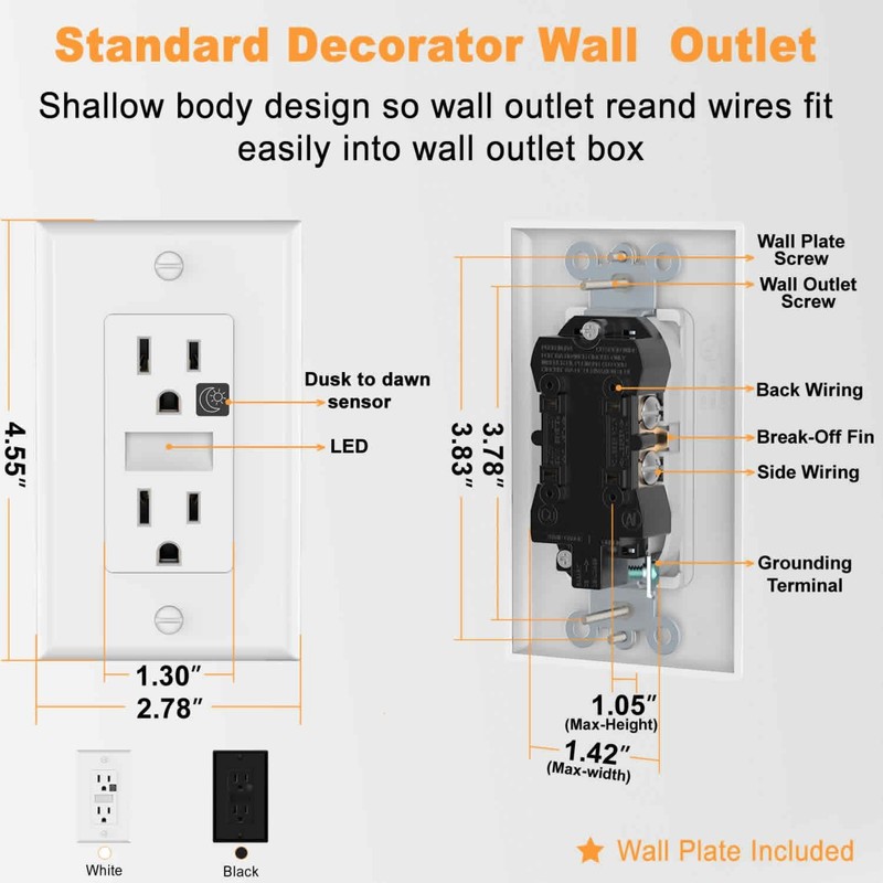 Black Wall Outlet Receptacle with Night Light,Electrical Receptacle Outlets,15A 125V,