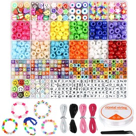 Clay Beads for Jewelry Making Kit, with Elastic String and Ropes, Including Pony Beads Alphabet Letter Beads Smiley Face Beads and Polymer Beads, Bracelet Making Kit for Girls and adults