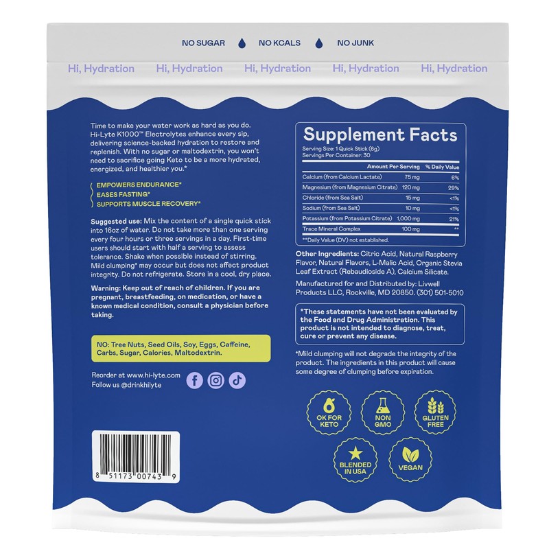 Hi-Lyte K1000 Electrolytes Sticks Blue Raspberry Keto & Performance, 30