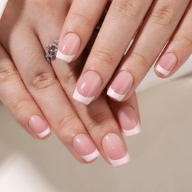 RTKHFZE Press on Nails Short - French Tip Press On Nails Jelly Square Fake Nails with Nail Glue,Reusable Semi-Transparent Stick On Nails in 16 Sizes - 32Pcs Soft Gel Glue On Nails False Nails Kit