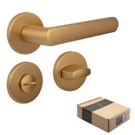 APECS Door Handles Interior Doors Door Handle Golden Matt Modern Door Handle for Front Door and Interior Door with Round Rosettes Handle Set with Mounting Material Door Fitting Model KUMA WC -