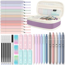 Four Candies 39 Stück Schulsachen mit Mäppchen, 12 Pastell Textmarker, 5 Gelstifte, 6 Druckbleistift Set, Aesthetic Stifte und Coole Sachen für Teenager Mädchen School Stuff Clean Girl (Lila)
