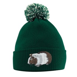 Purple Print House Guinea Pig Hat - Bobble Beanie Hat - Guinea Pig Owner Gifts for Girls - Winter Beanie Hat with Cute Guinea Pig Embroidered On The Front, One Size, Bottle Green
