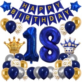 18th Birthday Decorations for Boys Girls,Blue 18th Birthday Party Decorations with Happy Birthday Banner,Number Balloons,Star Foil,Confetii and Latex Balloons