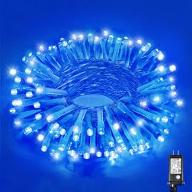 33ft 100 LED Christmas Lights Outdoor - 8 Modes Christmas String Lights Clear Wire with Time Memory, Waterproof Plug in Fairy String Lights for Indoor Outdoor Home Party Garden Decoration, Blue
