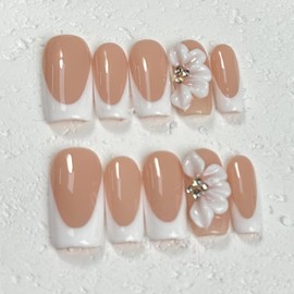 Handmade Nails Long Square Press on Nails Thick Fake Nails with Glue,3D White Flower Art False Nails with Rhinestone Designs Nude Pink French Nails Reusable Nature Stick on Nail for Wome (Size S)