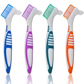 Double-Sided Denture Cleaning Brushes, 4 Pieces Portable Denture Cleaning Brushes, with Moderate Multilayer Bristles, Ergonomic Denture Brush, for Cleaning False Teeth, Multi-Colour