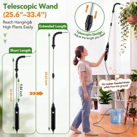 Rechargeable Cordless High Reach Plant Waterer, Telescopic Wand (25.6–35.4 in) & 6.56ft Hose, Dual Nozzles, 2000mAh Battery, Effortless Hanging Plant Waterer for Indoor Outdoor Garden