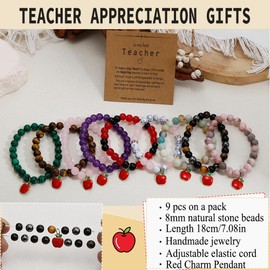 COLOYAN 9PCS Teacher Appreciation Gifts Natural Stone Beaded Bracelets for Women Men, Crystals Bracelet Gifts for Teacher, Thank You Teacher Gifts with Meaningful Card
