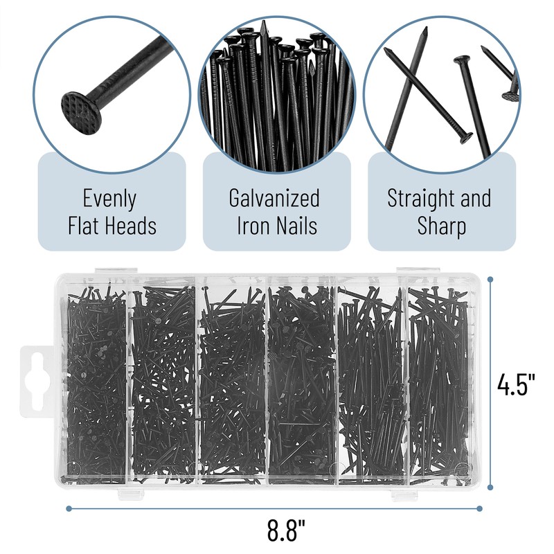 Mr. Pen- Nail Assortment Kit, 1200 Pcs, 4 Sizes, Black,