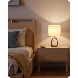GOEBLESON Small Table Lamp, 14.2" Cute Little Desk Lamp, Wood Bedside Lamp with Linen Lampshade, Modern Nightstand Lamp for Bedroom, E26 Base, Bulb Not Included, Beige and Dark Natural LE07TL05