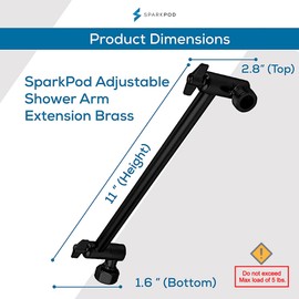 SparkPod 11" Solid Brass Shower Head Extension Arm - Flexible Height & Angle Adjustable Shower Arm Extension for Rain Showerheads with Sturdy Lock - Universal Pipe Connection (Midnight Black Matte)
