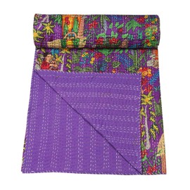 Marubhumi Indian Traditional Farida Design Pure Cotton Kantha Quilt Indian Cotton Bedding Bedspread (Purple, King (108"x 108"))