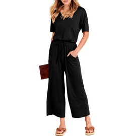 ANRABESS Women Summer Casual Short Sleeve V Neck Elastic Waist Wide Leg Cropped Pants Jumpsuits Rompers with Pockets Black Medium
