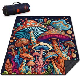 Mushroom Picnic Blankets Waterproof Foldable Picnic Outdoor Blanket 80"x 60" Picnic Mat 3-Layer Thicking Outdoor Foldable Blankets Sandproof Lightweight Beach Blankets with Strap Machine Washable