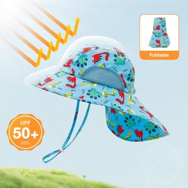 KAKU NANU Baby Sun Hat UPF 50+ Summer Toddler Bucket Hats with Wide Brim Neck Flap for Outdoor Beach Swim(White+ Blue,6-24 Months)