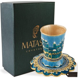 Matashi Hand-Painted Enamel Tall 5" Kiddush Cup Set with Stem and Tray Embellished with Crystals and Star of David Design for Weddings Shabbat Havdalah Passover Goblet Judaica Gift Blessings Cup