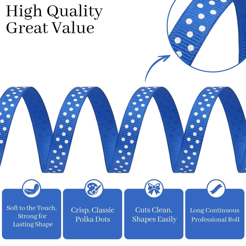 Kryvus Royal Blue Polka Dot Grosgrain Ribbon, 3/8 Inch x