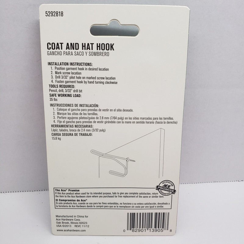 ACE Coat and Hat Hook Bright Brass Screw-In 2 Pack