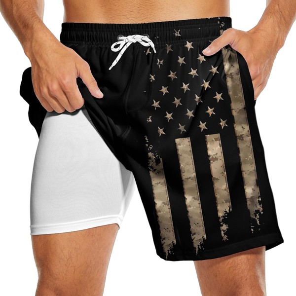 Partrest American Flag Men's Swim Trunks with Compression Liner Black
