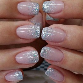 ANDGING Bling Pink Press on Nails Square Short Medium Glitter Fake Nails with Ombre Designs Fake Nails Acrylic Pressons False Nails for Wedding Gel Fantasy Manicure stick on nail for Women