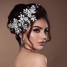 Bridal Hair Comb, Gold Color Leaf Crystal Rhinestone Wedding Hair Accessory, Floral Design (Silvery Color, One Size)