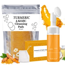 3 Piece Set Limpiador Facial De Cúrcuma,Jabón Turmeric Soap，Almohadillas exfoliantes,Es Adecuado Para Todo Tipo De Piel, Limpiador Facial Espumoso Iluminador Que Puede Limpiar e Hidratar Profundamente