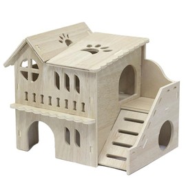 ​Large Hamster House & Gerbil Hideout​ – 8.5" Double-Decker Wooden Maze Hut w/Fun Slide | Multi-Level Gerbil House for Dwarf Hamsters, Mice, Rats & Small Animals ﻿