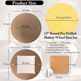Gkesgm 2 Pcs 12" Round Pottery Wheel Bats and 8 Pcs 7" Square Inner Bats with 1Pc Batmate for Potters and Clay Artists,Ceramic Bat System for Clay Making and Sculpting