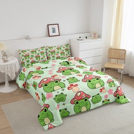 Mushroom Frog Comforter Set Twin Size Cute Mushroom Bedding Set 2pcs for Kids Girls Boys Bedroom Decor Cartoon Animals Plants Quilt Set Pink Green Duvet Insert,1 Pillowcase