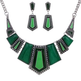 YAZILIND Vintage Ethnic Tibetan Silver Irregular Rhinestone Bib Collar Earrings Necklace Jewelry Set (Green)