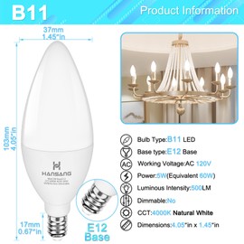 hansang LED E12 Chandelier Light Bulbs, Type B Light Bulbs 5W (60W Equivalent), Natural White 4000K Candelabra LED Light Bulbs, E12 Light Bulb 500LM, Non-Dimmable B11 Ceiling Fan Light Bulb, 8 Pack