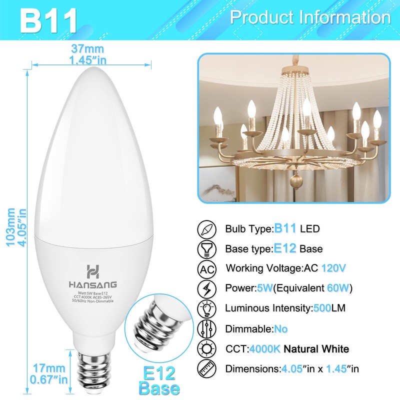 hansang LED E12 Chandelier Light Bulbs, Type B Light Bulbs