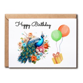 SNMDesigns Peacock Happy Birthday Card - Animal With Balloons Card - Peacock Birthday Card - Unique Bday Card - Peacock Keepsake, 5 x 7 inches