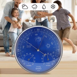 Pyhodi Thermometer Barometer Hygrometer, 3 in 1 All Season Wall Hanging Accurate Weather Instrument, Extra Large 7.09in Diameter Blue Dial for Indoor Outdoor Use
