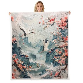 Erosebridal Crane Bird Sherpa Blanket Twin 60"X80" Mountain Cherry Blossom Throw Blanket Oil Painting Japanese Fleece Bed Blanket for Kids Girls Adults,Ukiyoe Style Plush Fuzzy Blanket