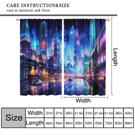 Cyber City Landscape Curtains, Modern Fantastic Colorful Neon Abstract Urban Skyscraper Building Scenery View Drapes, Blackout Rod Pocket Window Treatments for Living Room Bedroom Bathroom 42x45in