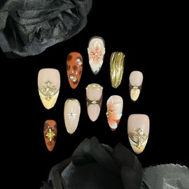 BByogooz Uñas Postizas Acrílicas Reutilizables Color Almendra Mediano, 10 Diseños Florales 3D Únicos, Cruces De Filigrana Dorada, Marrón Caramelo Y Flores De Durazno | Uñas Postizas Acrílicas Reutiliz