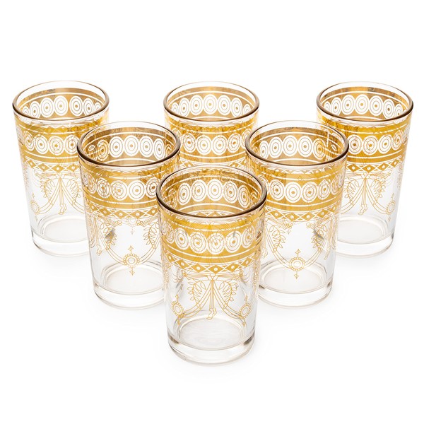 The Wine Savant Gold Moroccan Glasses Artisan Hand-Made Multipurpose 220 ml 7.5 oz Tea and Wine Morrocan Tumbler Marrakech & Casablanca Tea Cups Set of 6