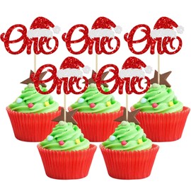 24 decoraciones de Navidad para cupcakes con purpurina, sombrero de Papá Noel, decoración para tartas de primer cumpleaños, decoración para Navidad, baby shower, niños, suministros para fiesta de primer cumpleaños, color rojo