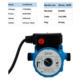 ZYIY 115V Domestic Hot Water Recirculation Pump 3-Speed Water Pressure Booster Pump for Home 3/4" Circulator Pump 50L/min Recirculating Pump 6m/19ft Circulation Water Pump Shower Solar Booster System